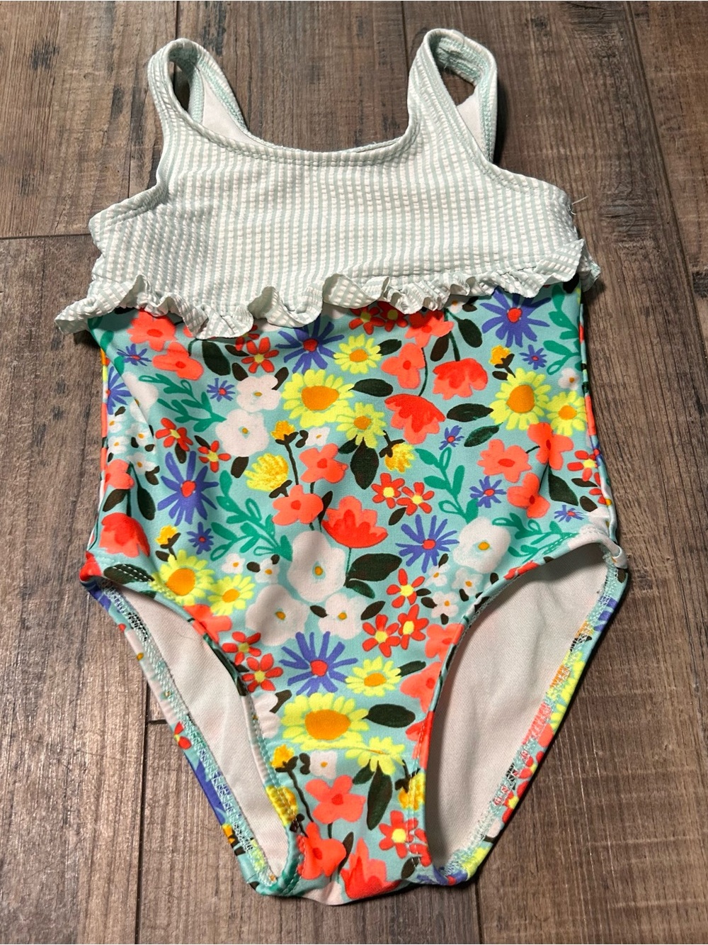 Cat‎ & Jack Green White Stripes With Floral Bottom One Piece Swimsuit 3t